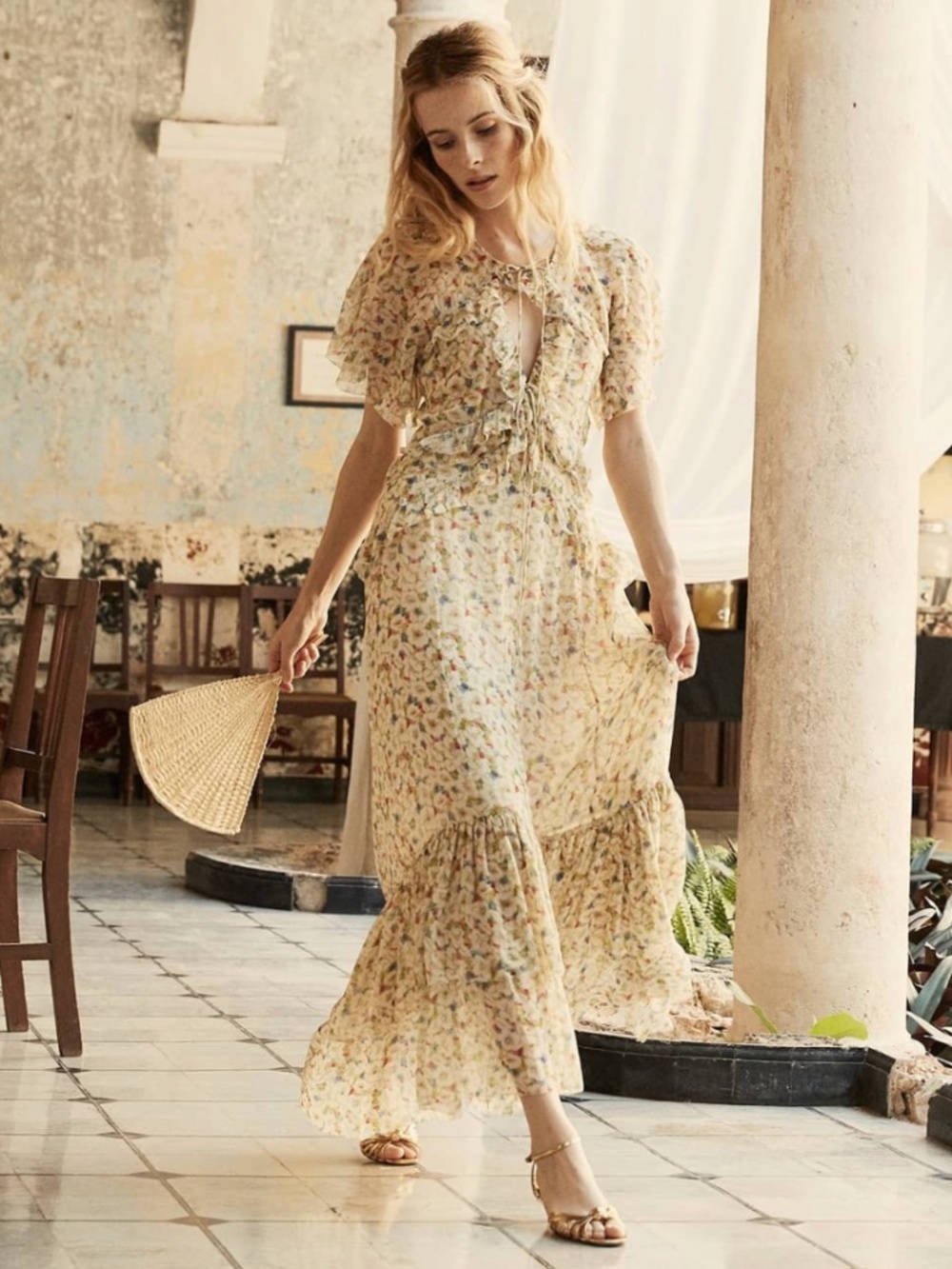 Doen Pale Yellow Floral Ruffle Maxi Dress